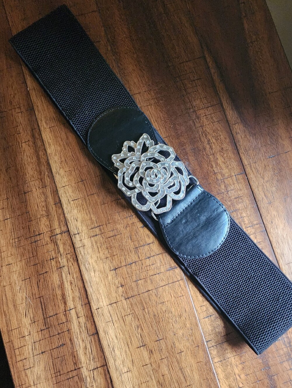 Wide Elastic BlackWaist Belt with a Silver Rhinestone Floral Buckle